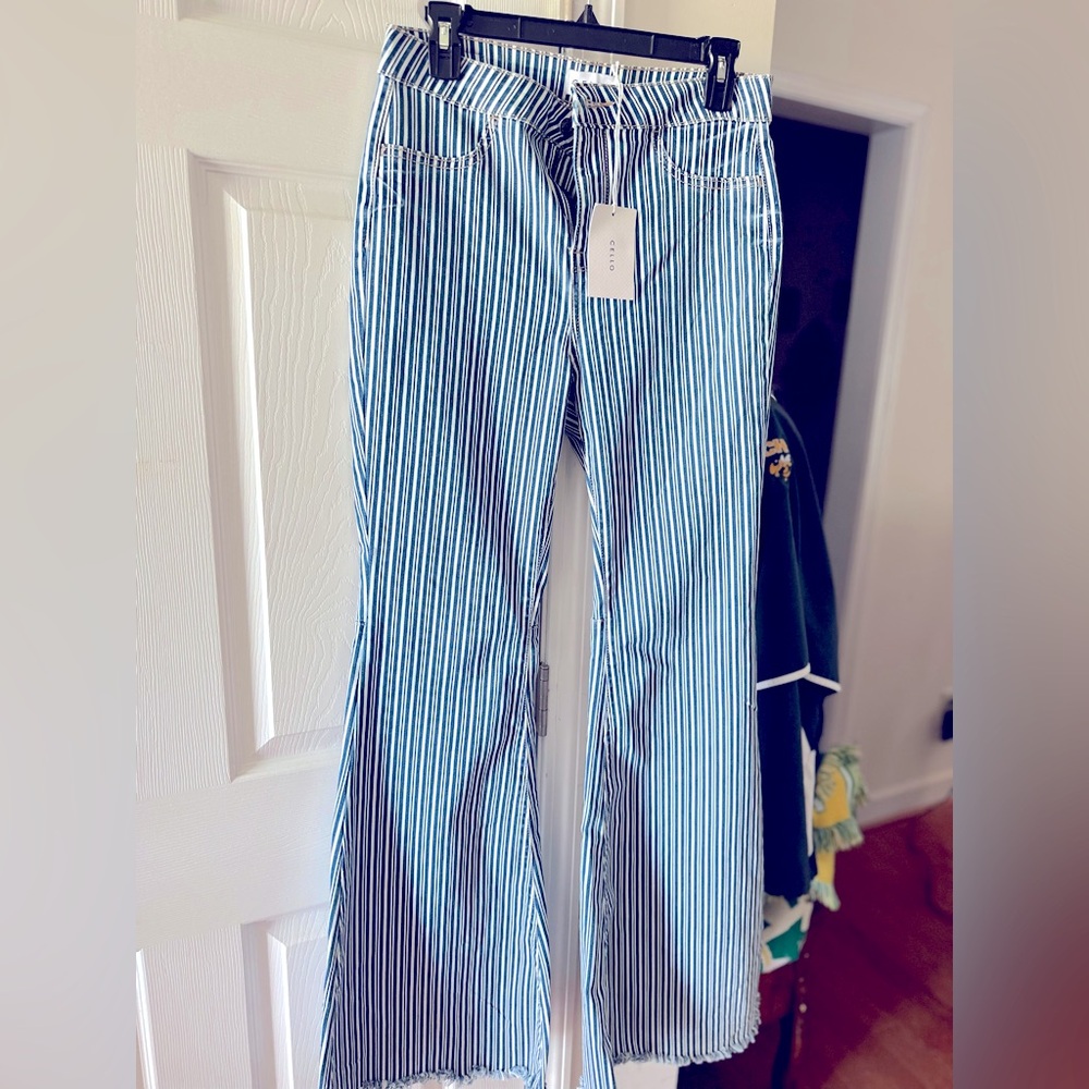 Cello Wide Leg Frayed Pinstripe Jeans 11